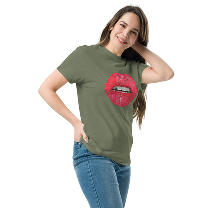 Red glitter lips graphic by Kirsten Blackburn printed on unisex cotton t-shirt