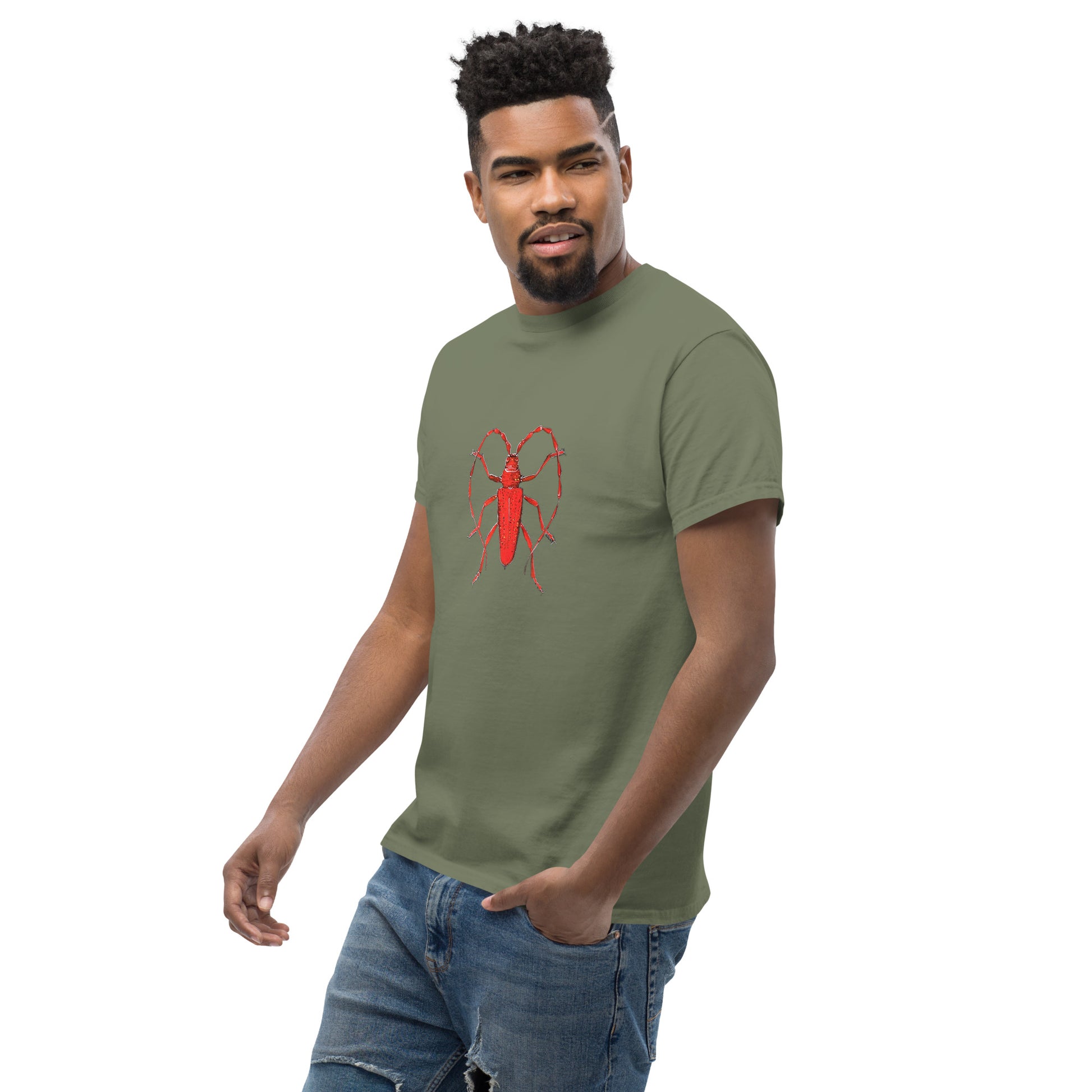 Red beetle graphic by Kirsten Blackburn printed on unisex cotton t-shirt