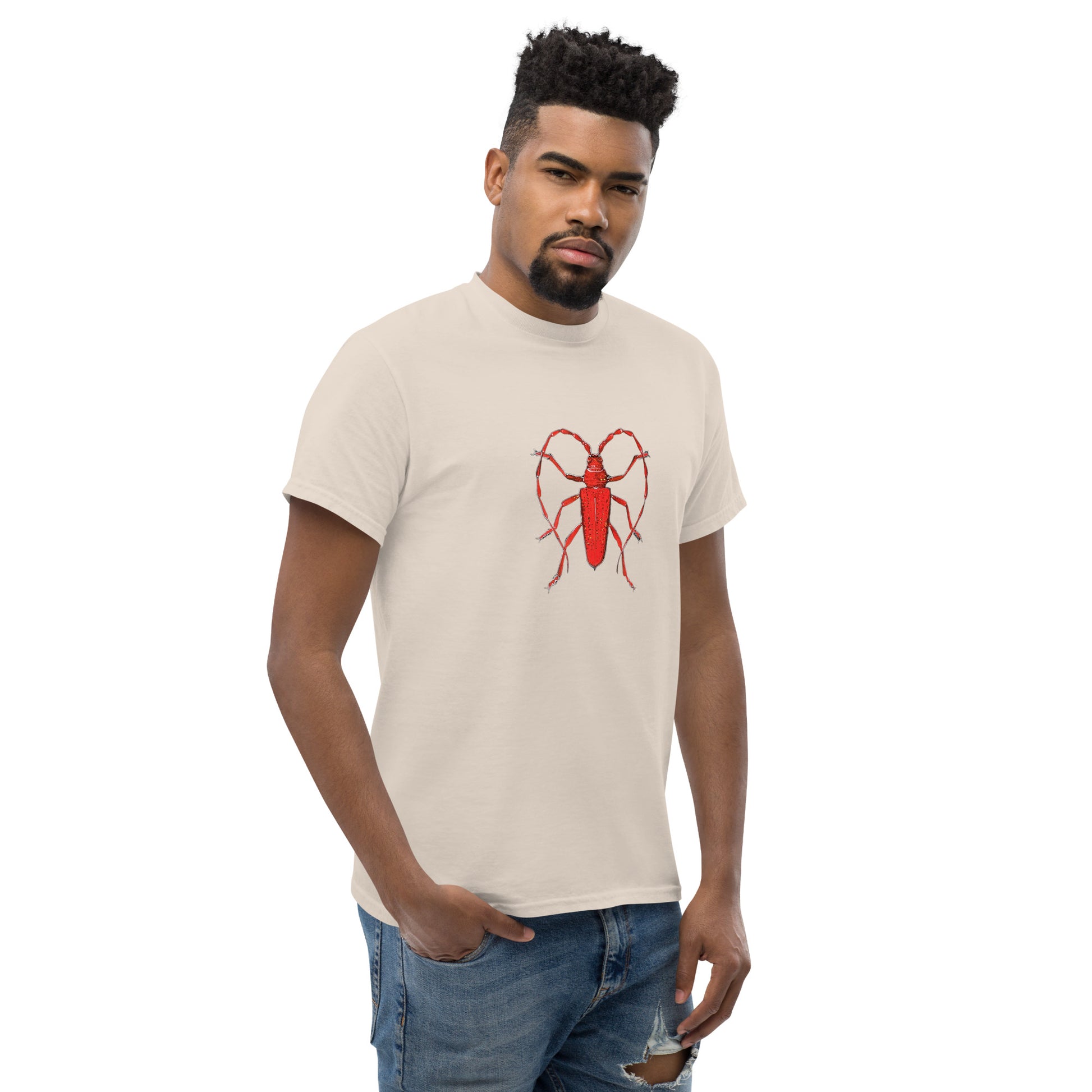 Red beetle graphic by Kirsten Blackburn printed on unisex cotton t-shirt