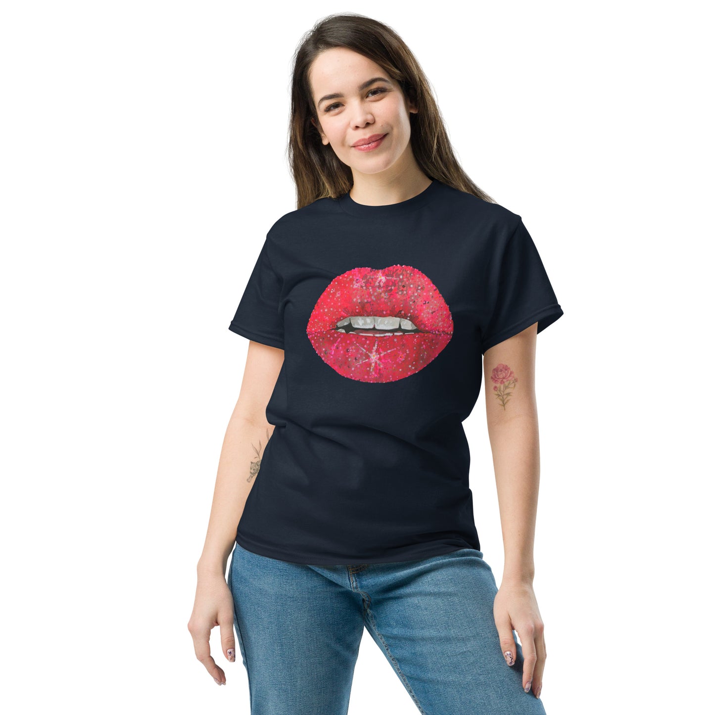 Red glitter lips graphic by Kirsten Blackburn printed on unisex cotton t-shirt