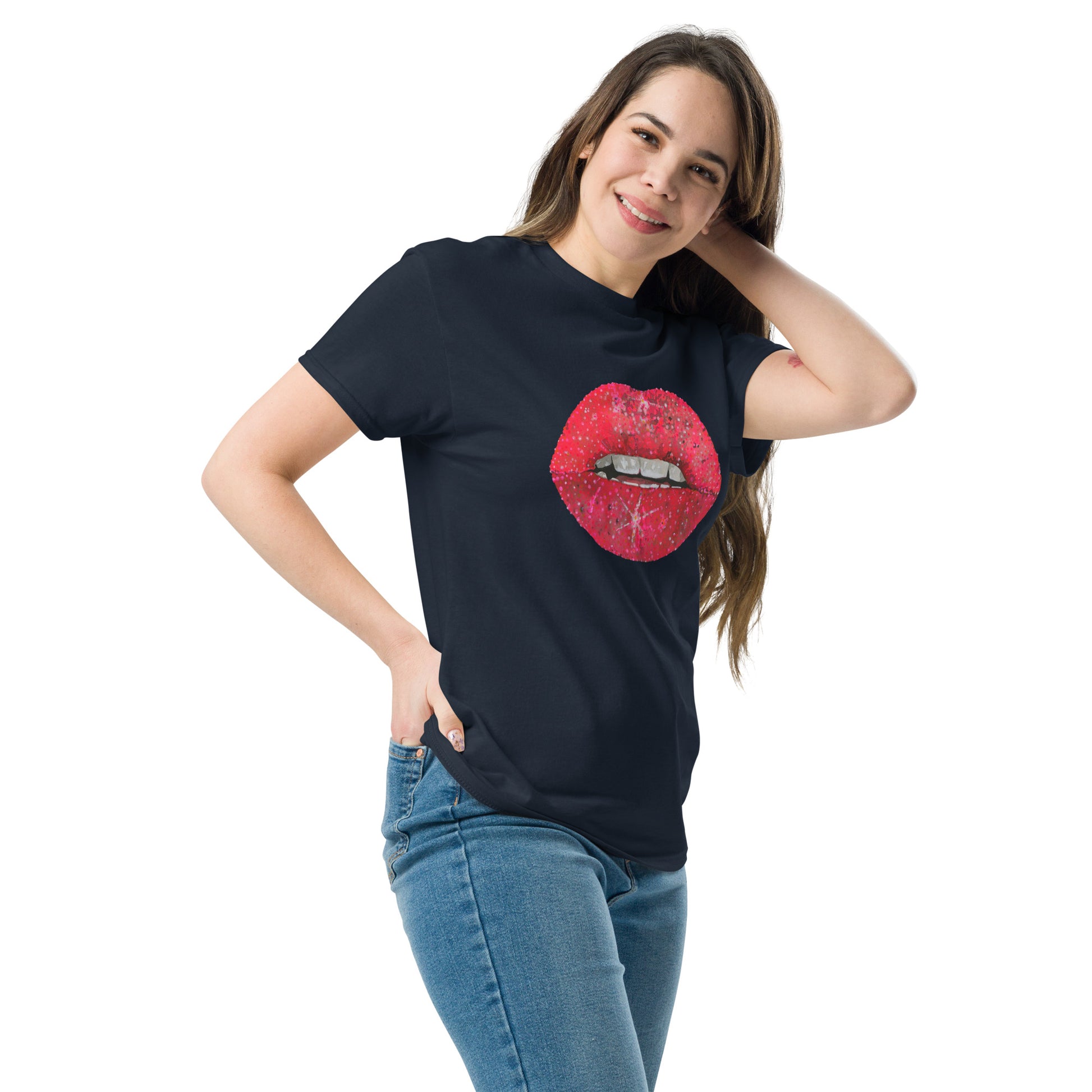 Red glitter lips graphic by Kirsten Blackburn printed on unisex cotton t-shirt
