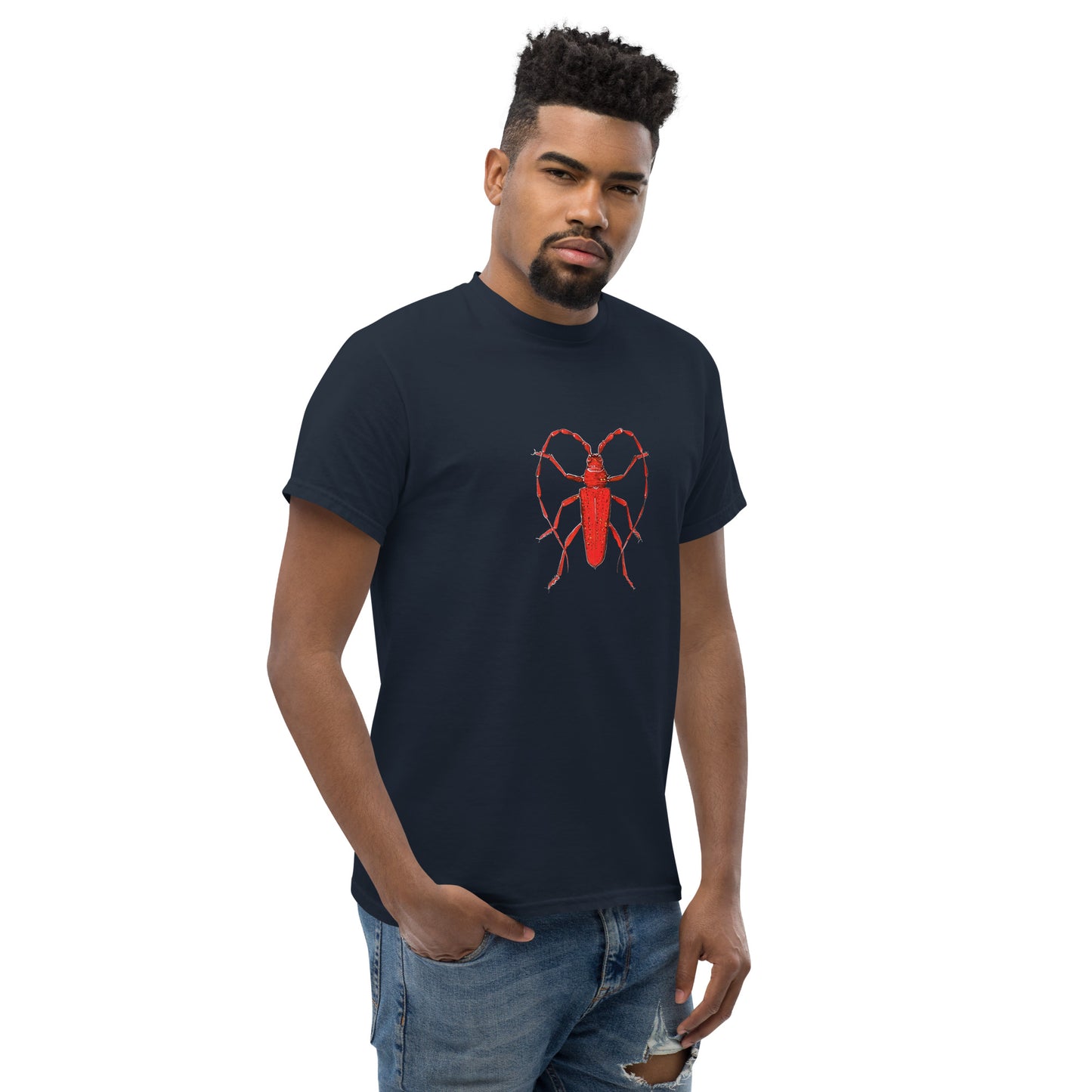 Red beetle graphic by Kirsten Blackburn printed on unisex cotton t-shirt