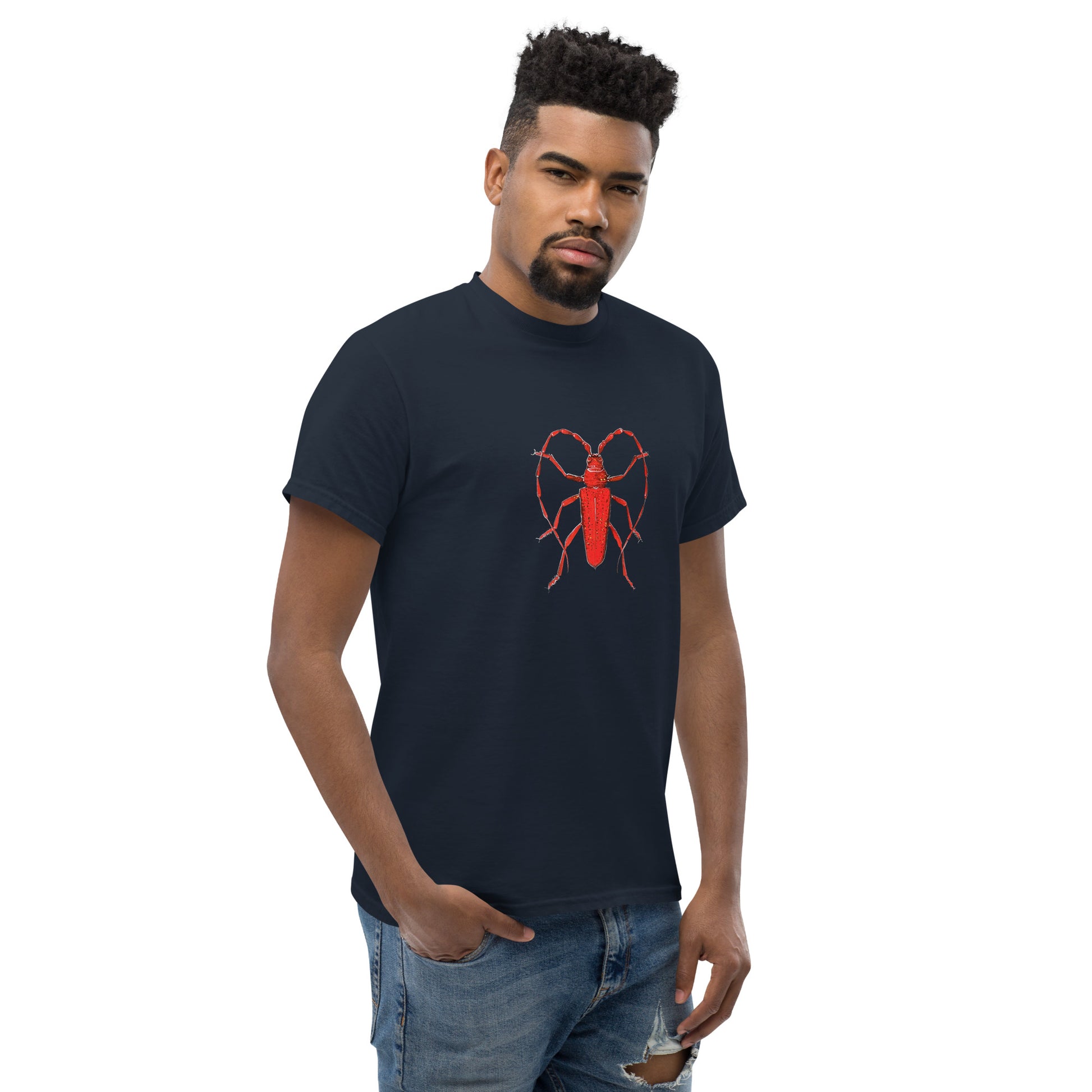 Red beetle graphic by Kirsten Blackburn printed on unisex cotton t-shirt