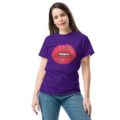 Red glitter lips graphic by Kirsten Blackburn printed on unisex cotton t-shirt