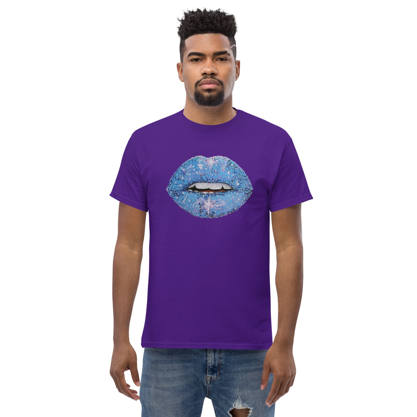 Blue glitter lips graphic by Kirsten Blackburn printed on unisex cotton t-shirt