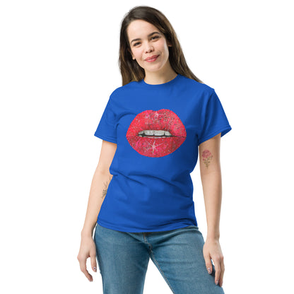 Red glitter lips graphic by Kirsten Blackburn printed on unisex cotton t-shirt