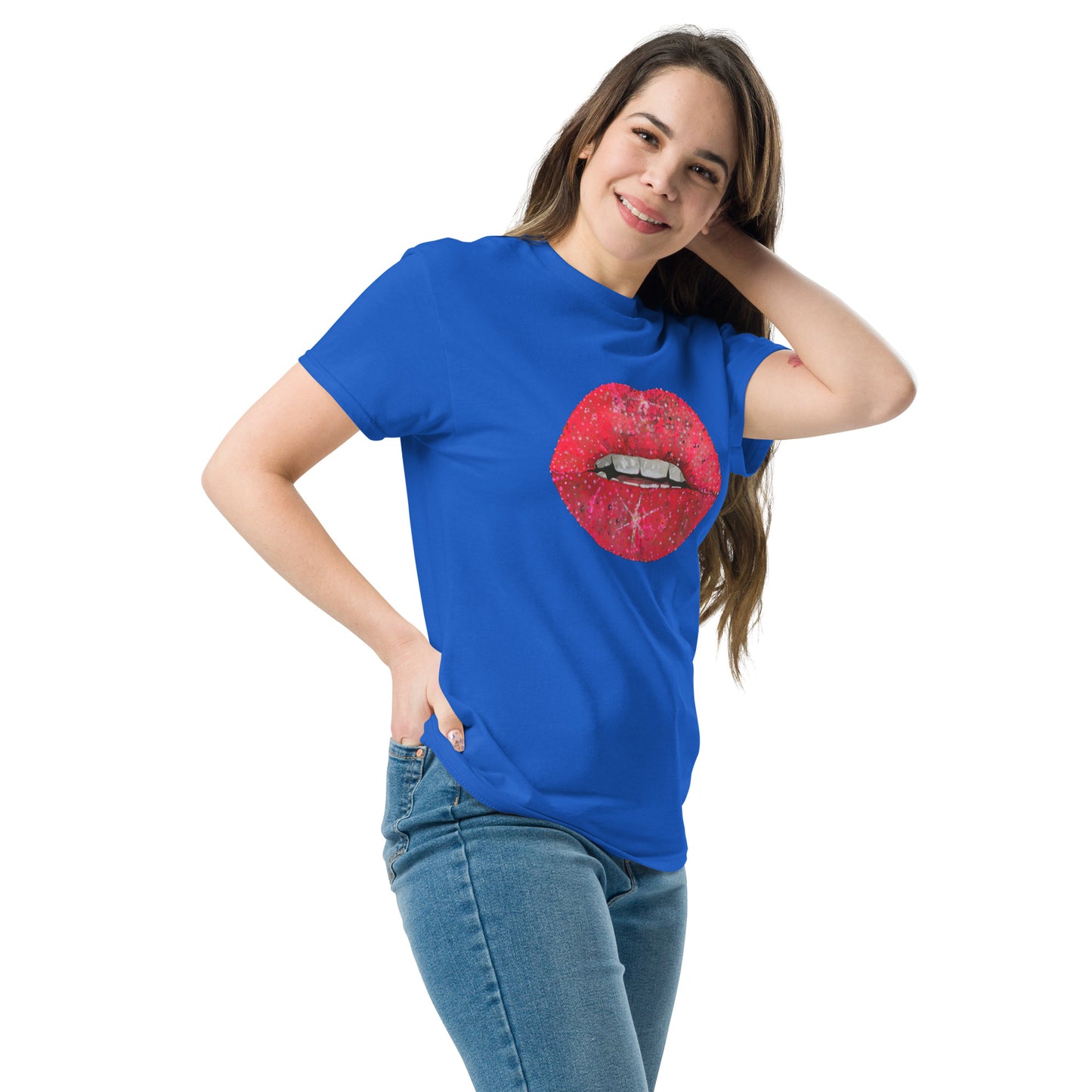 Red glitter lips graphic by Kirsten Blackburn printed on unisex cotton t-shirt