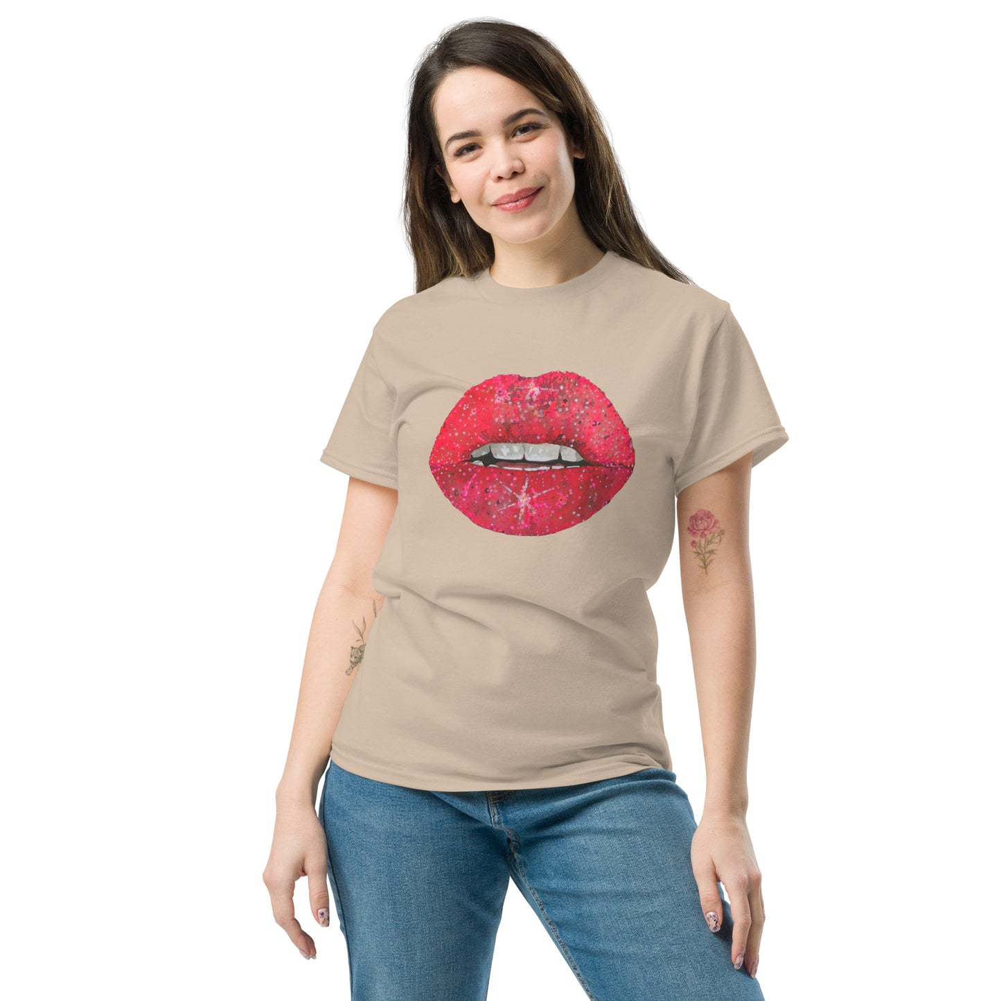 Red glitter lips graphic by Kirsten Blackburn printed on unisex cotton t-shirt