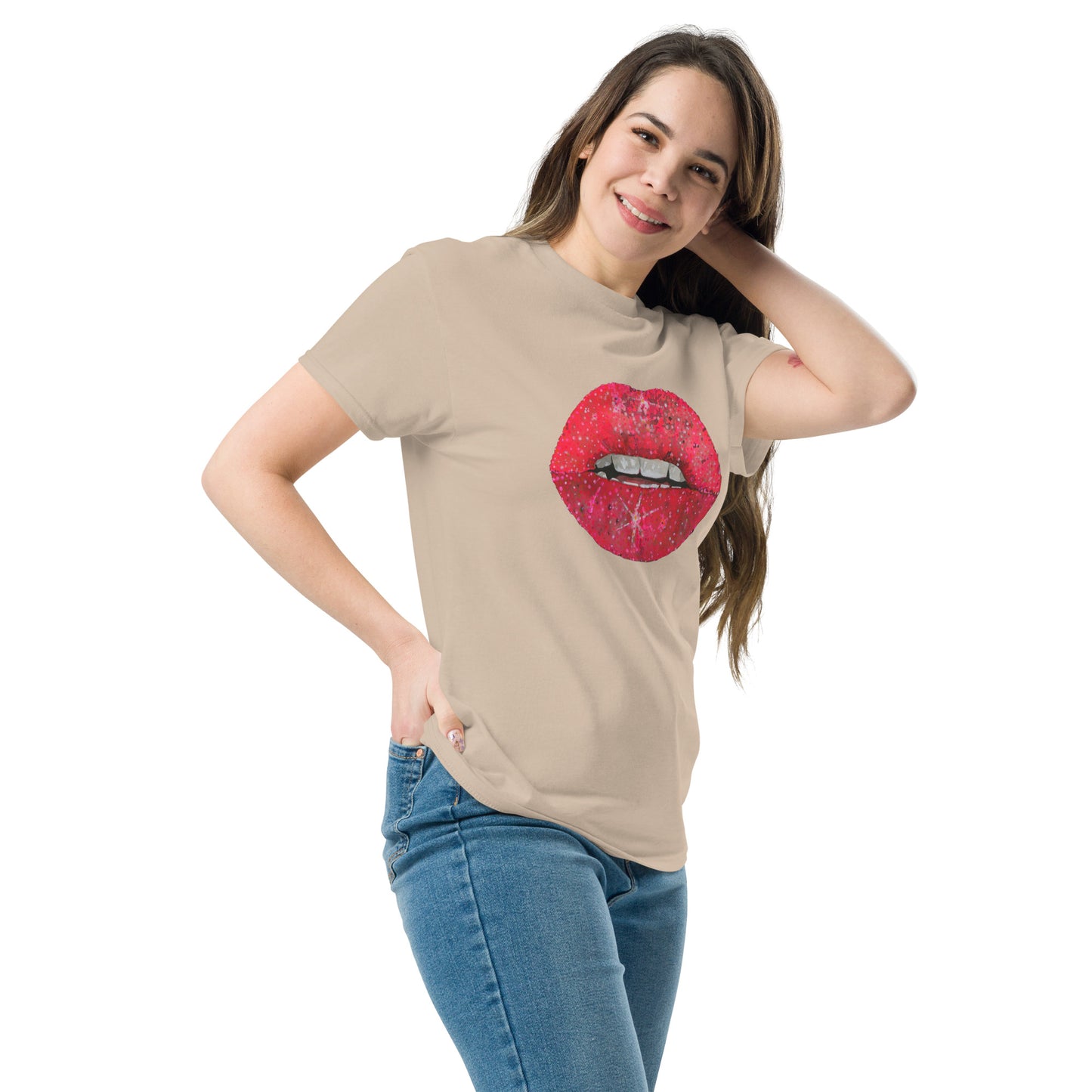 Red glitter lips graphic by Kirsten Blackburn printed on unisex cotton t-shirt