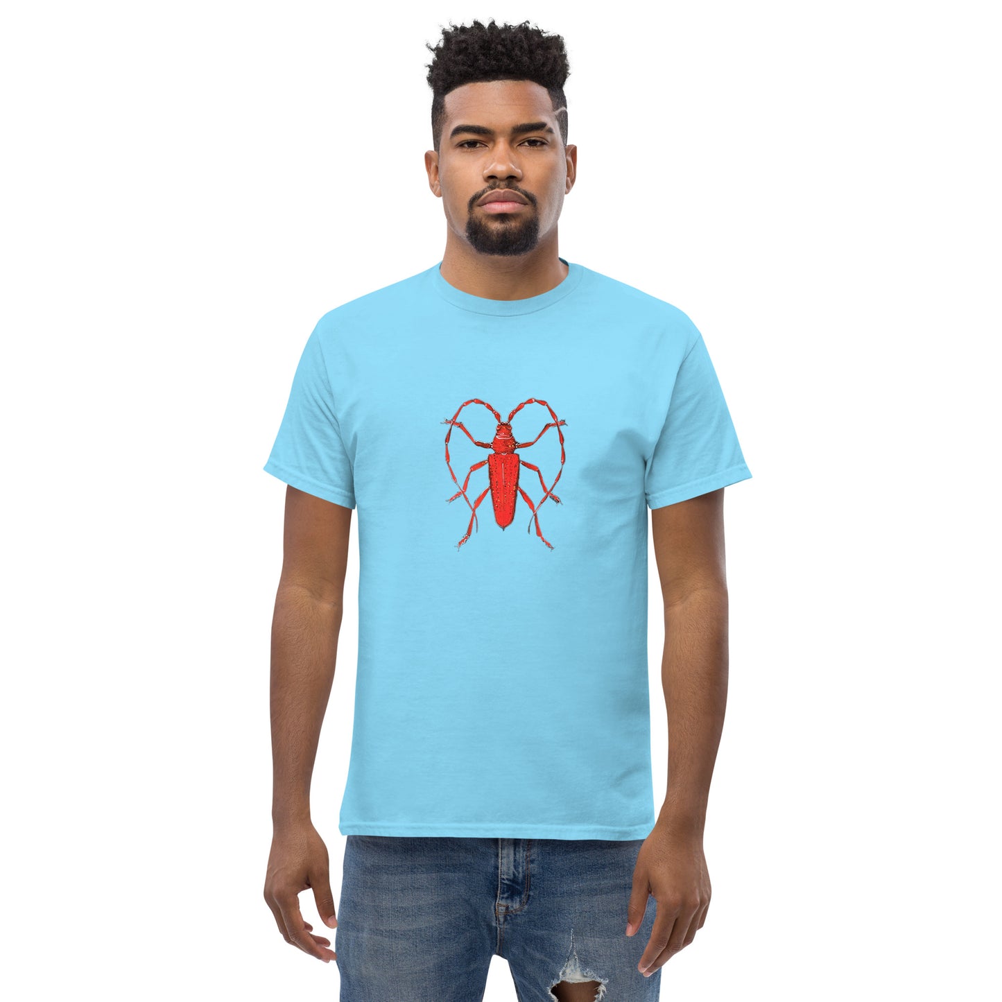 Red beetle graphic by Kirsten Blackburn printed on unisex cotton t-shirt