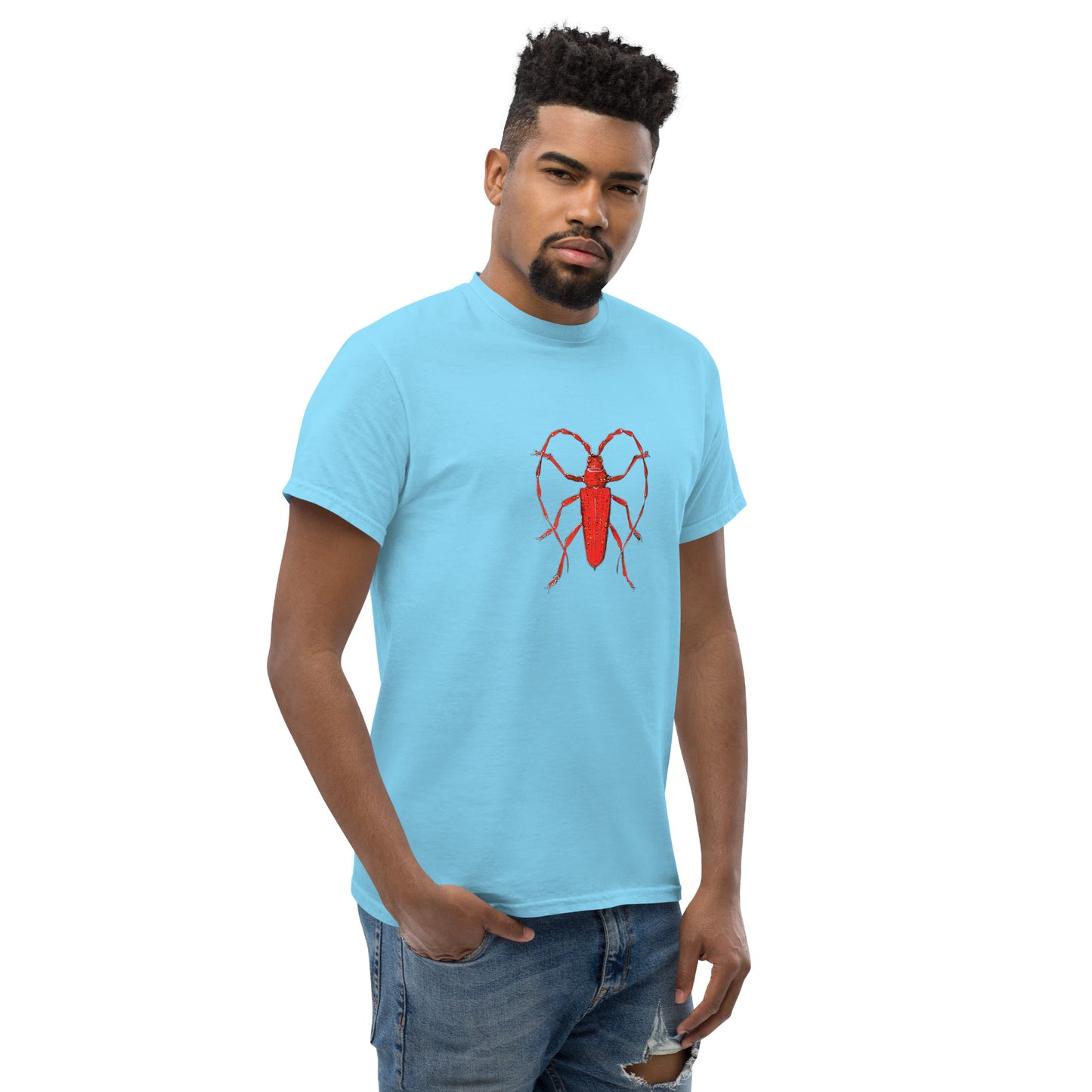 Red beetle graphic by Kirsten Blackburn printed on unisex cotton t-shirt