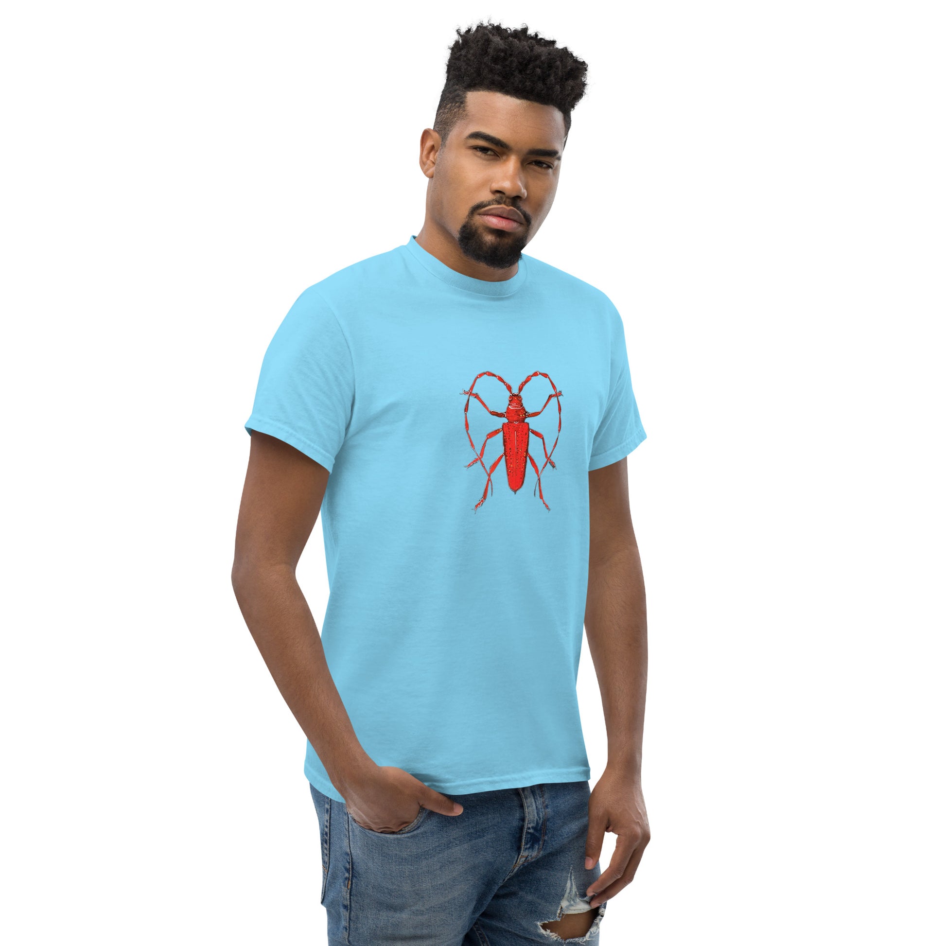 Red beetle graphic by Kirsten Blackburn printed on unisex cotton t-shirt