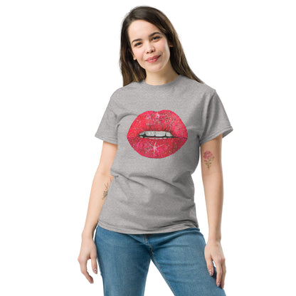 Red glitter lips graphic by Kirsten Blackburn printed on unisex cotton t-shirt