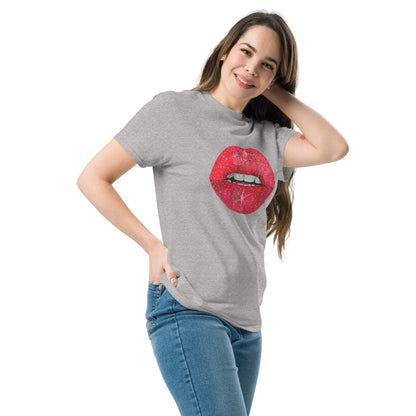 Red glitter lips graphic by Kirsten Blackburn printed on unisex cotton t-shirt