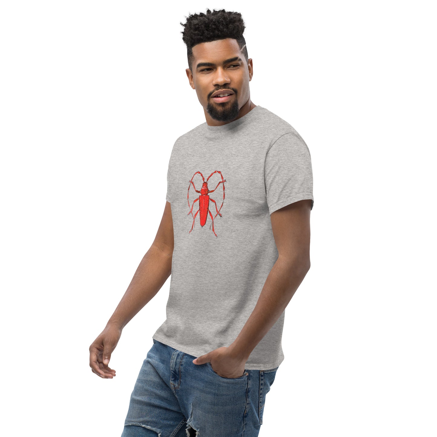Red beetle graphic by Kirsten Blackburn printed on unisex cotton t-shirt