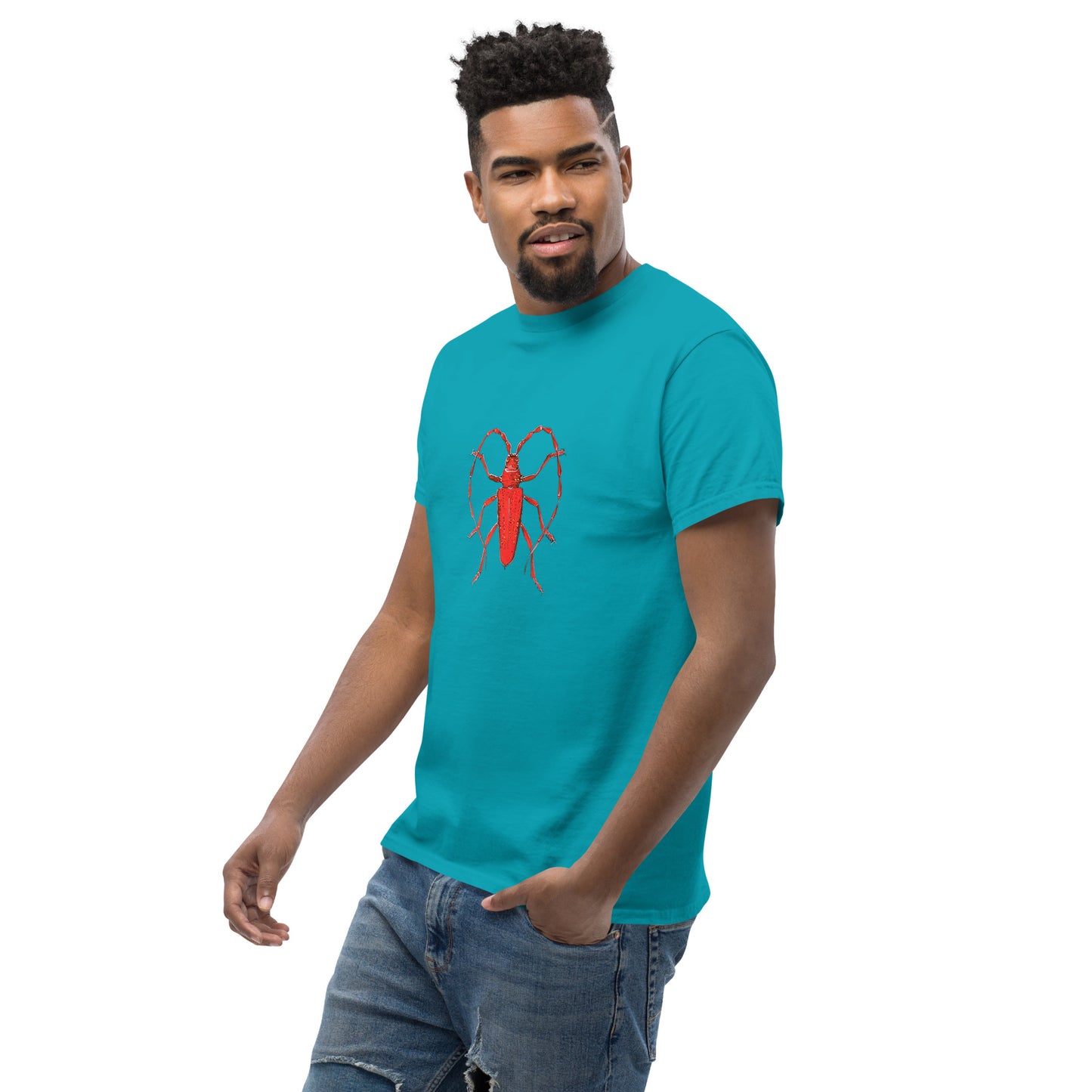 Red beetle graphic by Kirsten Blackburn printed on unisex cotton t-shirt
