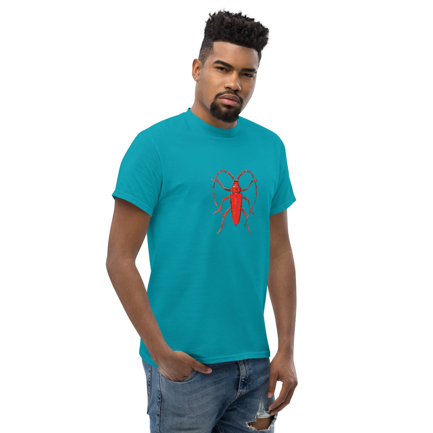 Red beetle graphic by Kirsten Blackburn printed on unisex cotton t-shirt