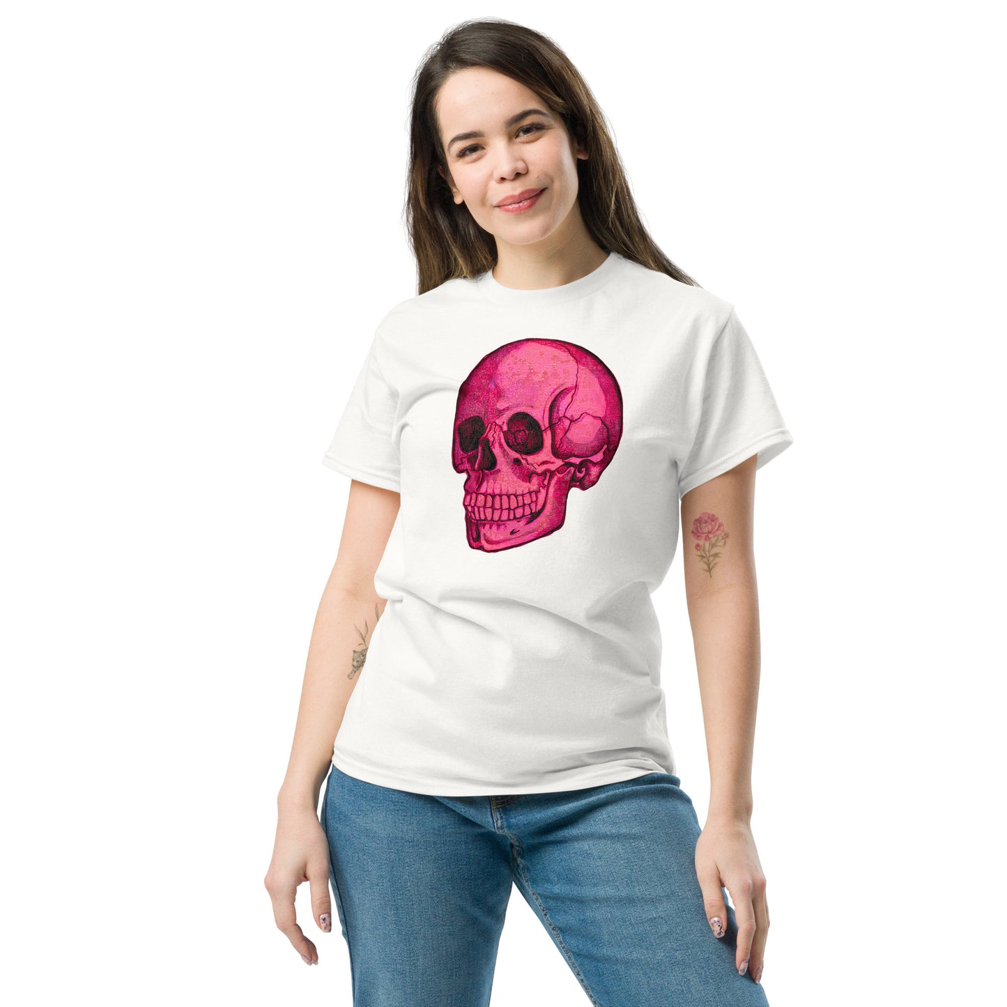 Pink Skull design by Kirsten Blackburn on unisex classic tee