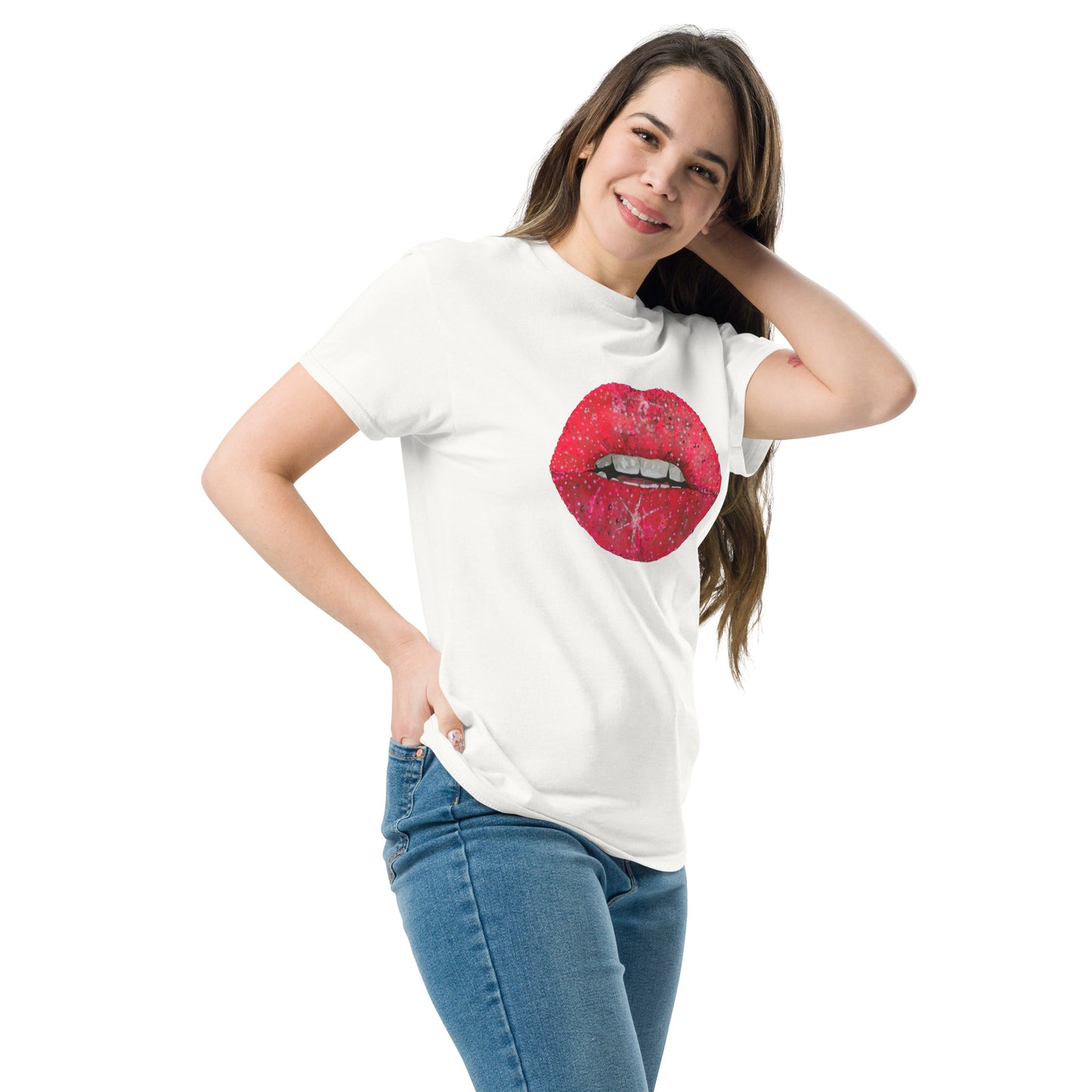 Red glitter lips graphic by Kirsten Blackburn printed on unisex cotton t-shirt