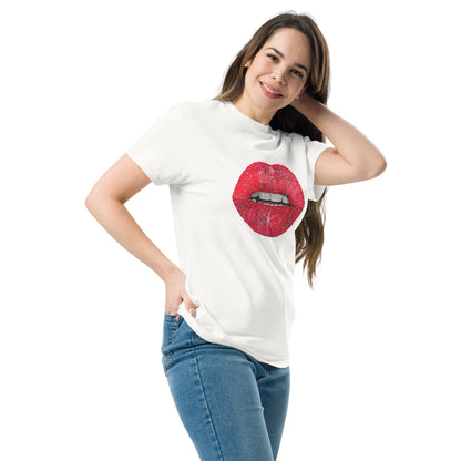 Red glitter lips graphic by Kirsten Blackburn printed on unisex cotton t-shirt