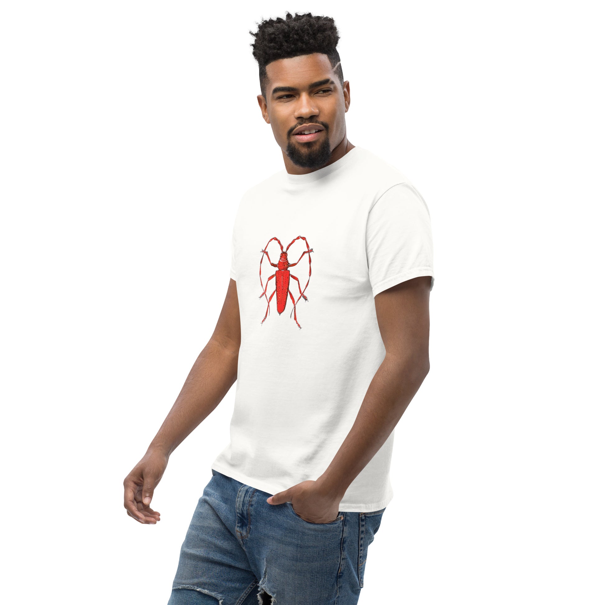 Red beetle graphic by Kirsten Blackburn printed on unisex cotton t-shirt