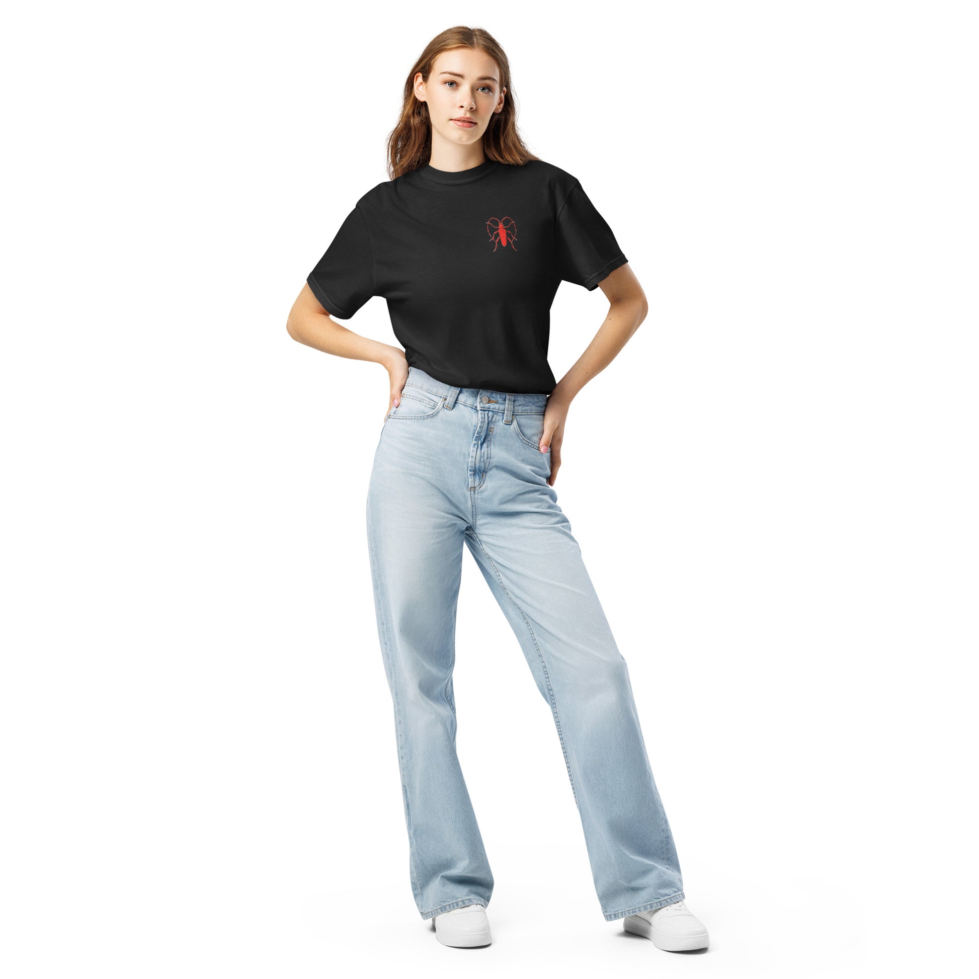 Red Beetle left breast design by Kirsten Blackburn on unisex garment-dyed heavyweight tee