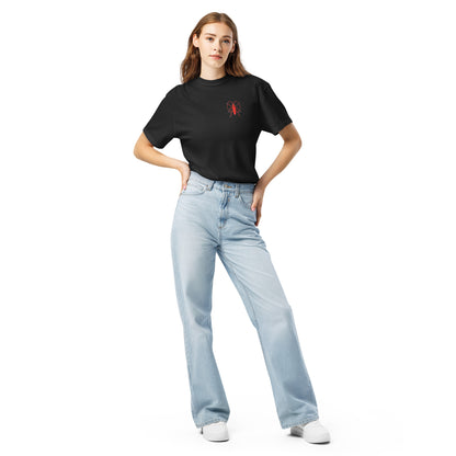 Red Beetle left breast design by Kirsten Blackburn on unisex garment-dyed heavyweight tee