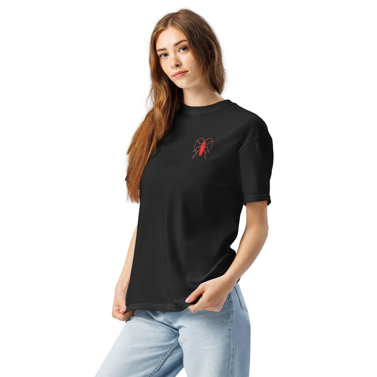 Red Beetle left breast design by Kirsten Blackburn on unisex garment-dyed heavyweight tee
