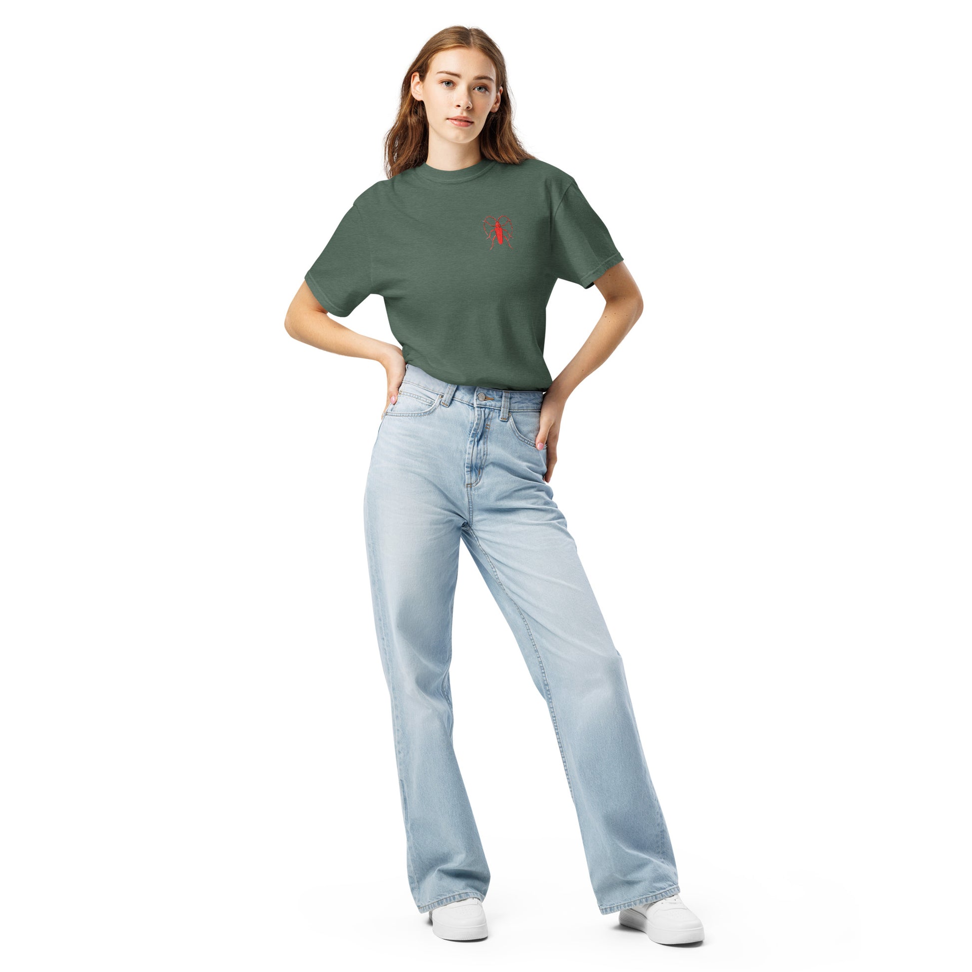 Red Beetle left breast design by Kirsten Blackburn on unisex garment-dyed heavyweight tee