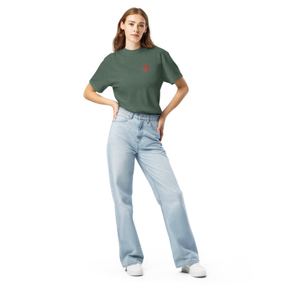 Red Beetle left breast design by Kirsten Blackburn on unisex garment-dyed heavyweight tee