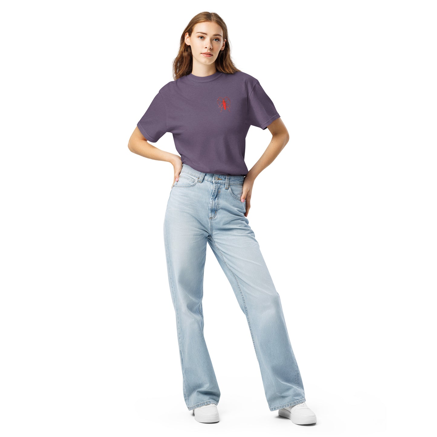 Red Beetle left breast design by Kirsten Blackburn on unisex garment-dyed heavyweight tee