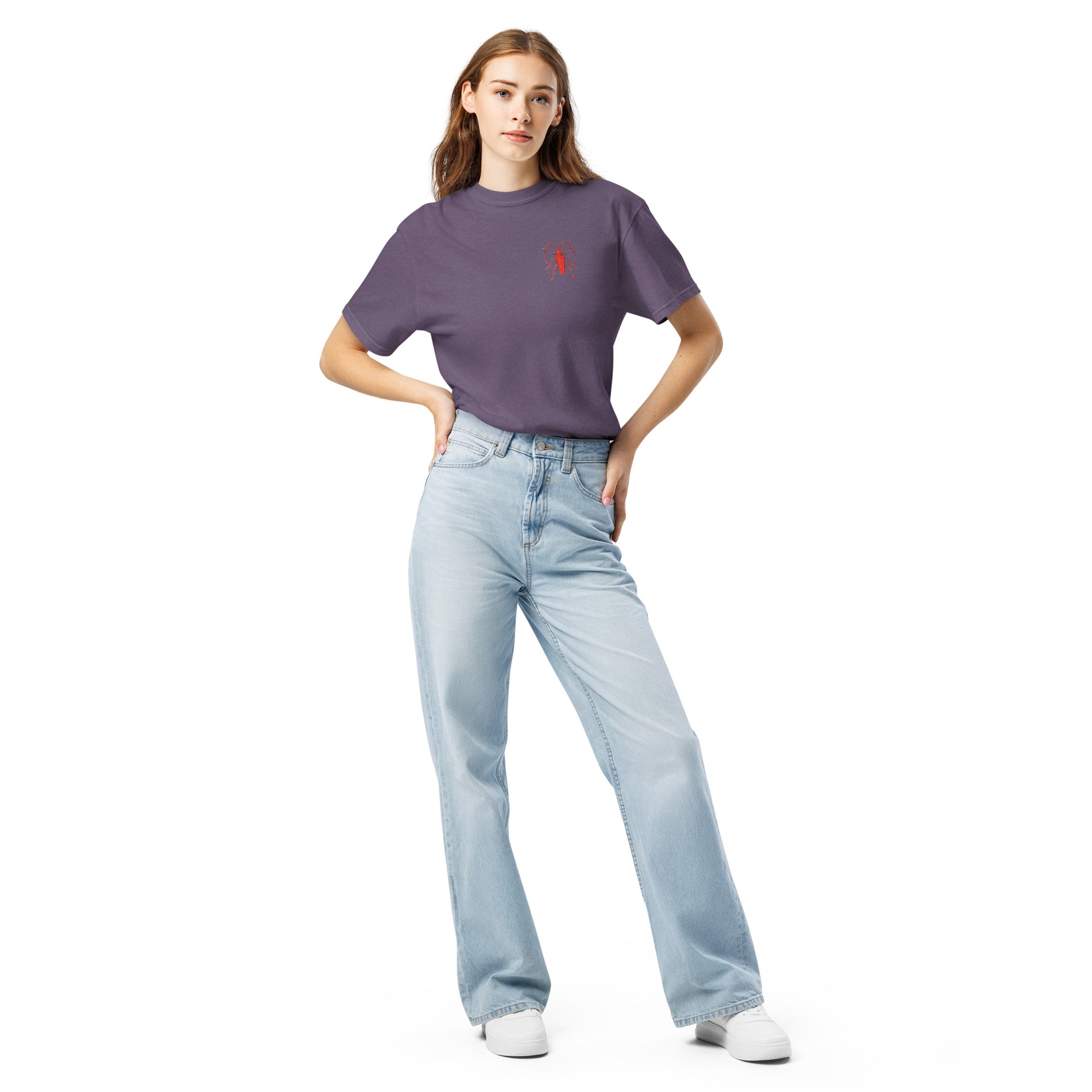 Red Beetle left breast design by Kirsten Blackburn on unisex garment-dyed heavyweight tee