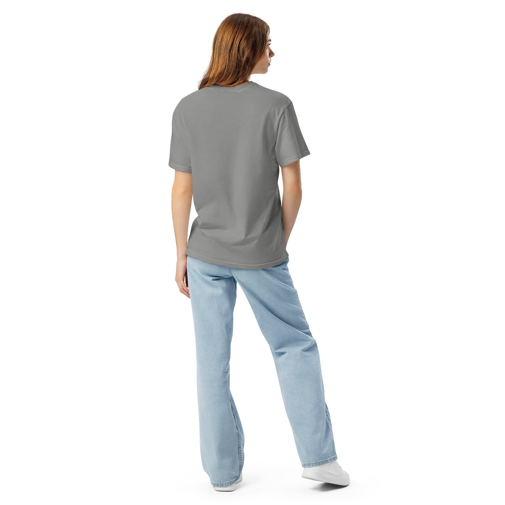 Red Beetle left breast design by Kirsten Blackburn on unisex garment-dyed heavyweight tee