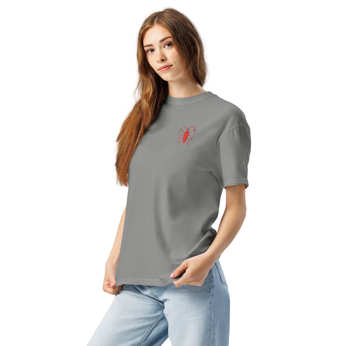Red Beetle left breast design by Kirsten Blackburn on unisex garment-dyed heavyweight tee