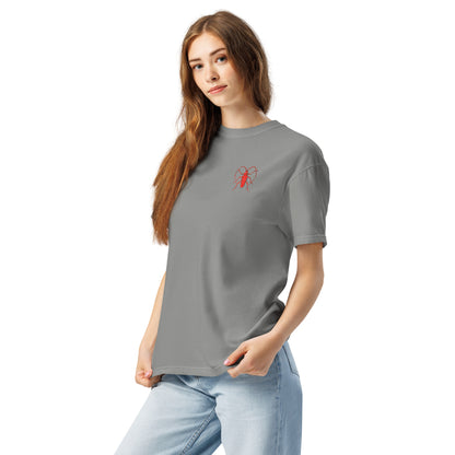 Red Beetle left breast design by Kirsten Blackburn on unisex garment-dyed heavyweight tee