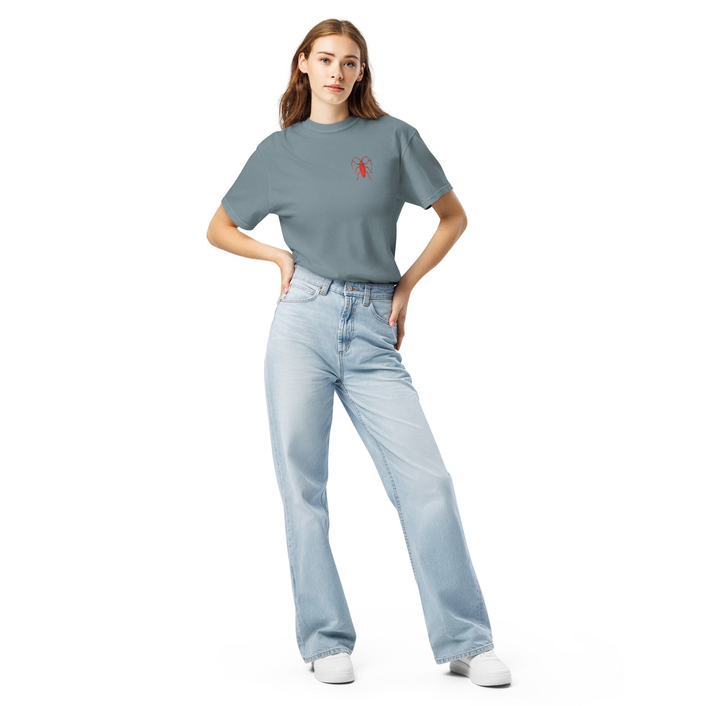 Red Beetle left breast design by Kirsten Blackburn on unisex garment-dyed heavyweight tee