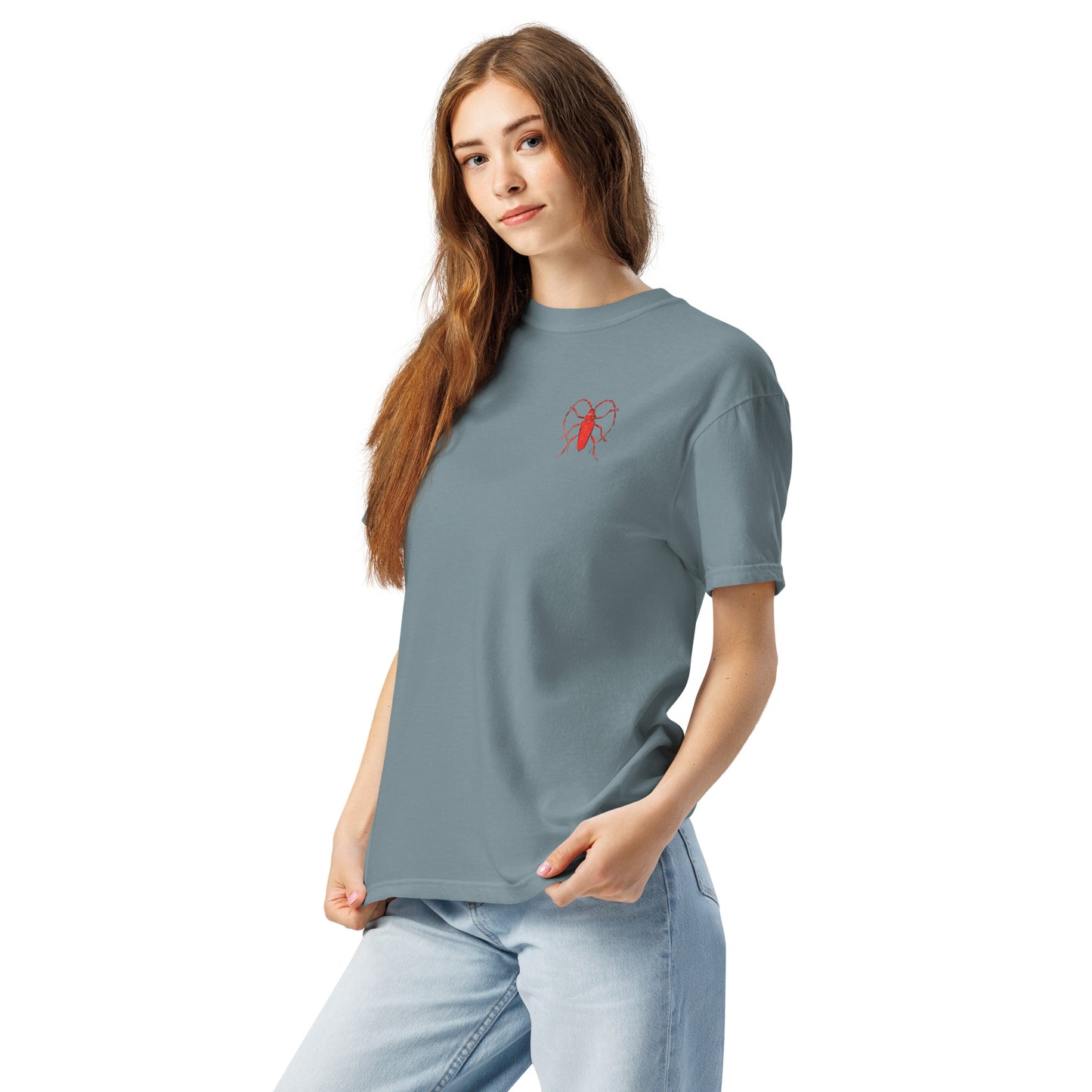 Red Beetle left breast design by Kirsten Blackburn on unisex garment-dyed heavyweight tee