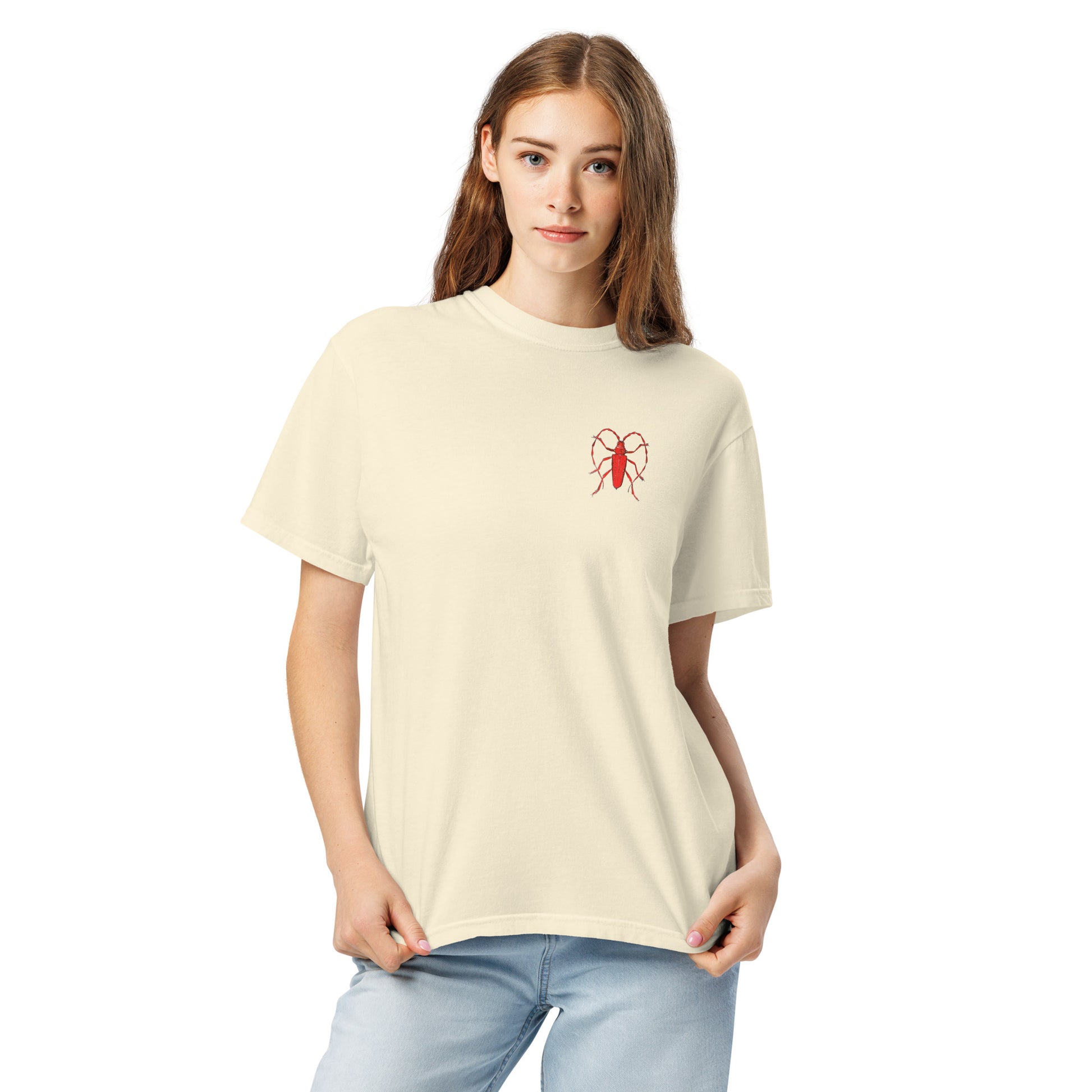 Red Beetle left breast design by Kirsten Blackburn on unisex garment-dyed heavyweight tee