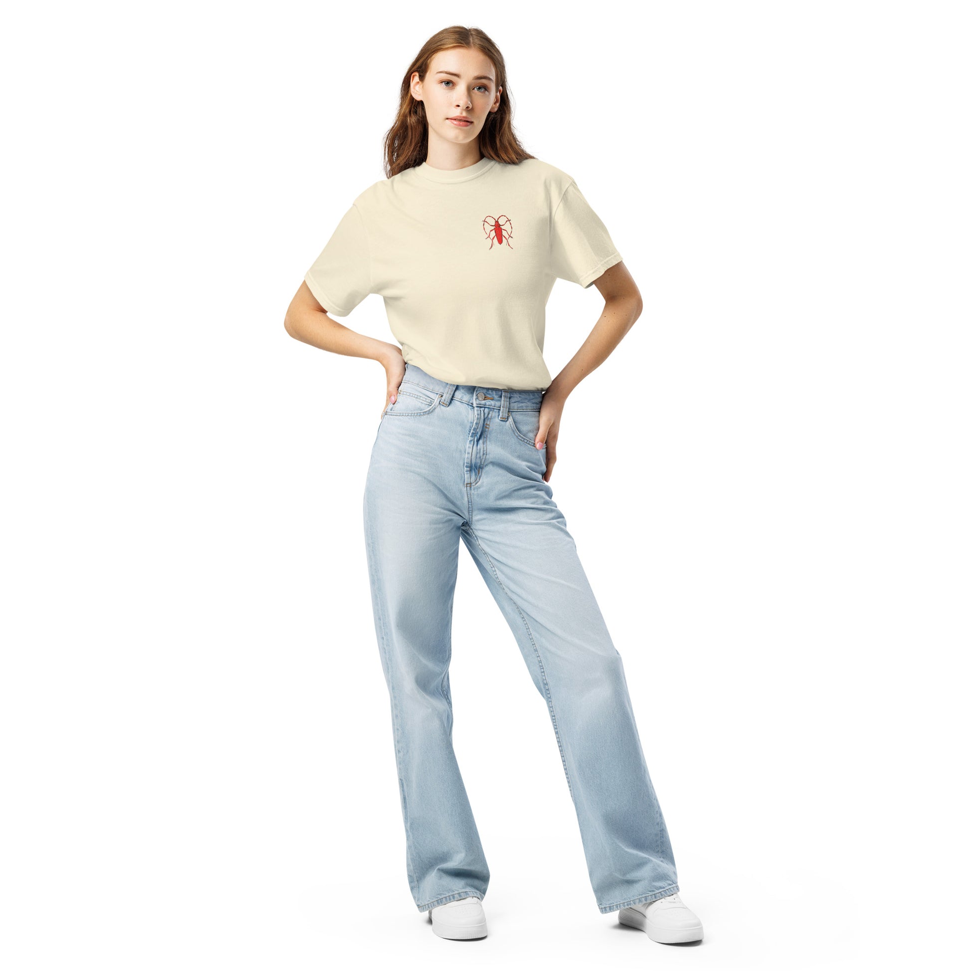 Red Beetle left breast design by Kirsten Blackburn on unisex garment-dyed heavyweight tee