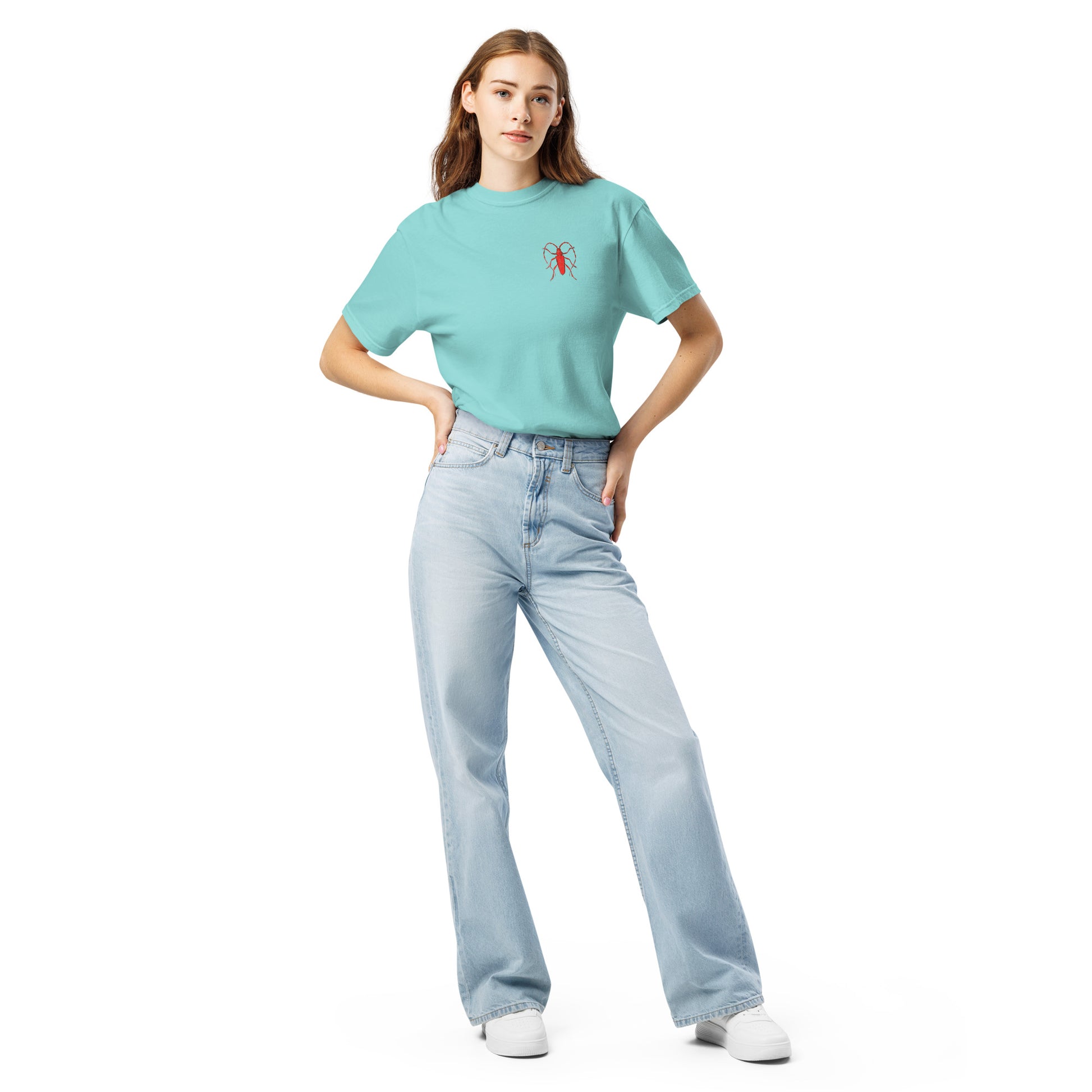 Red Beetle left breast design by Kirsten Blackburn on unisex garment-dyed heavyweight tee