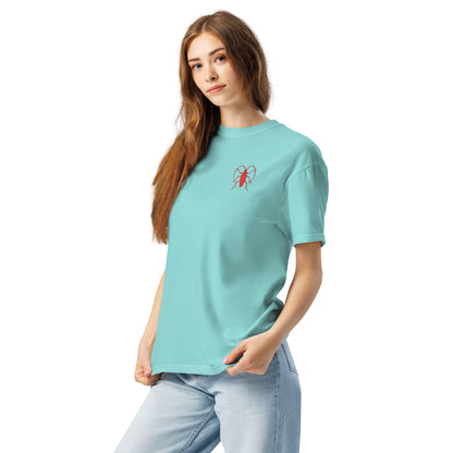 Red Beetle left breast design by Kirsten Blackburn on unisex garment-dyed heavyweight tee