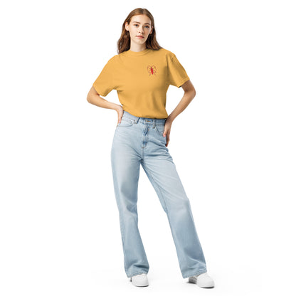 Red Beetle left breast design by Kirsten Blackburn on unisex garment-dyed heavyweight tee