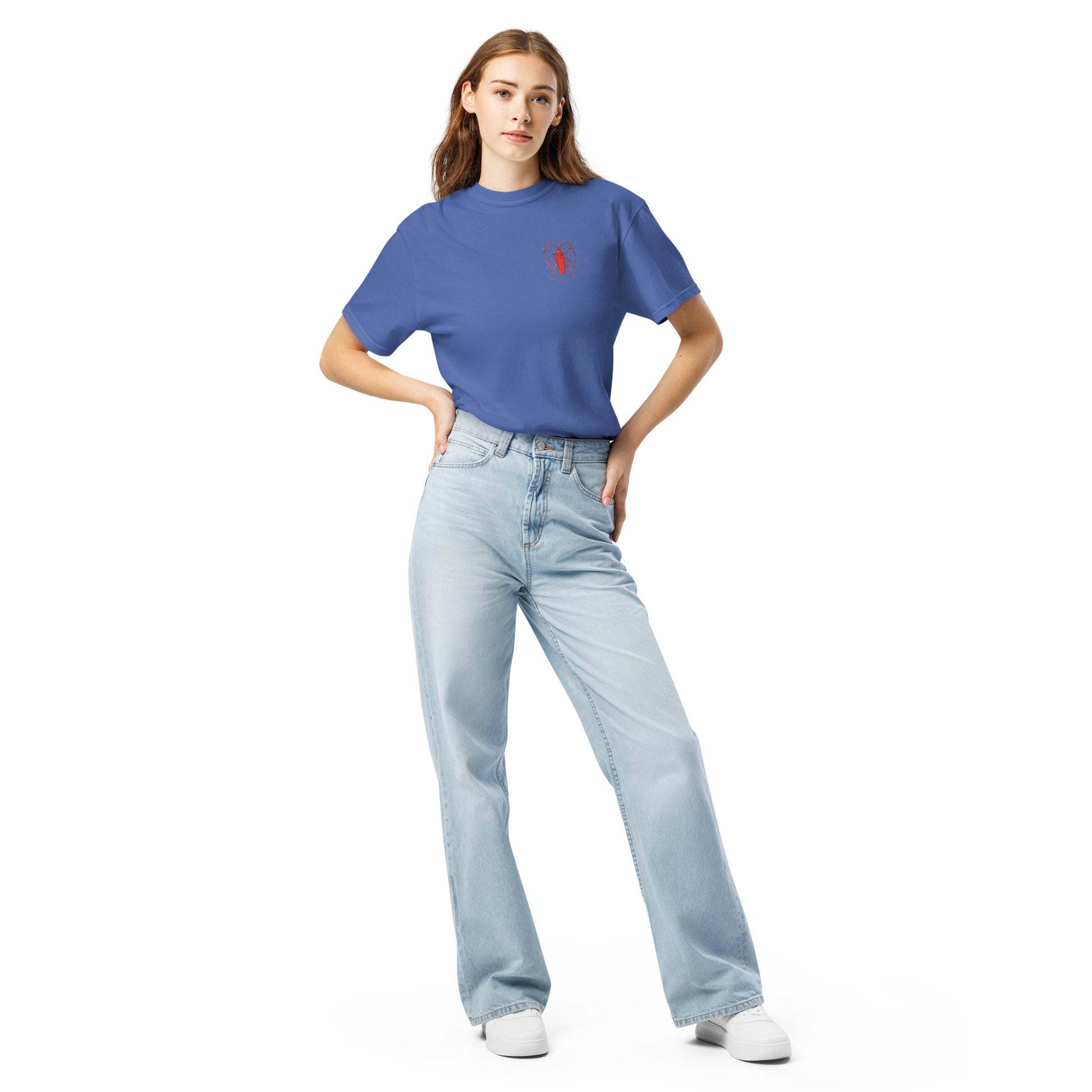 Red Beetle left breast design by Kirsten Blackburn on unisex garment-dyed heavyweight tee