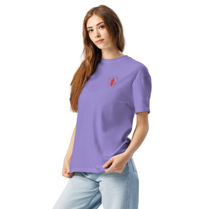 Red Beetle left breast design by Kirsten Blackburn on unisex garment-dyed heavyweight tee