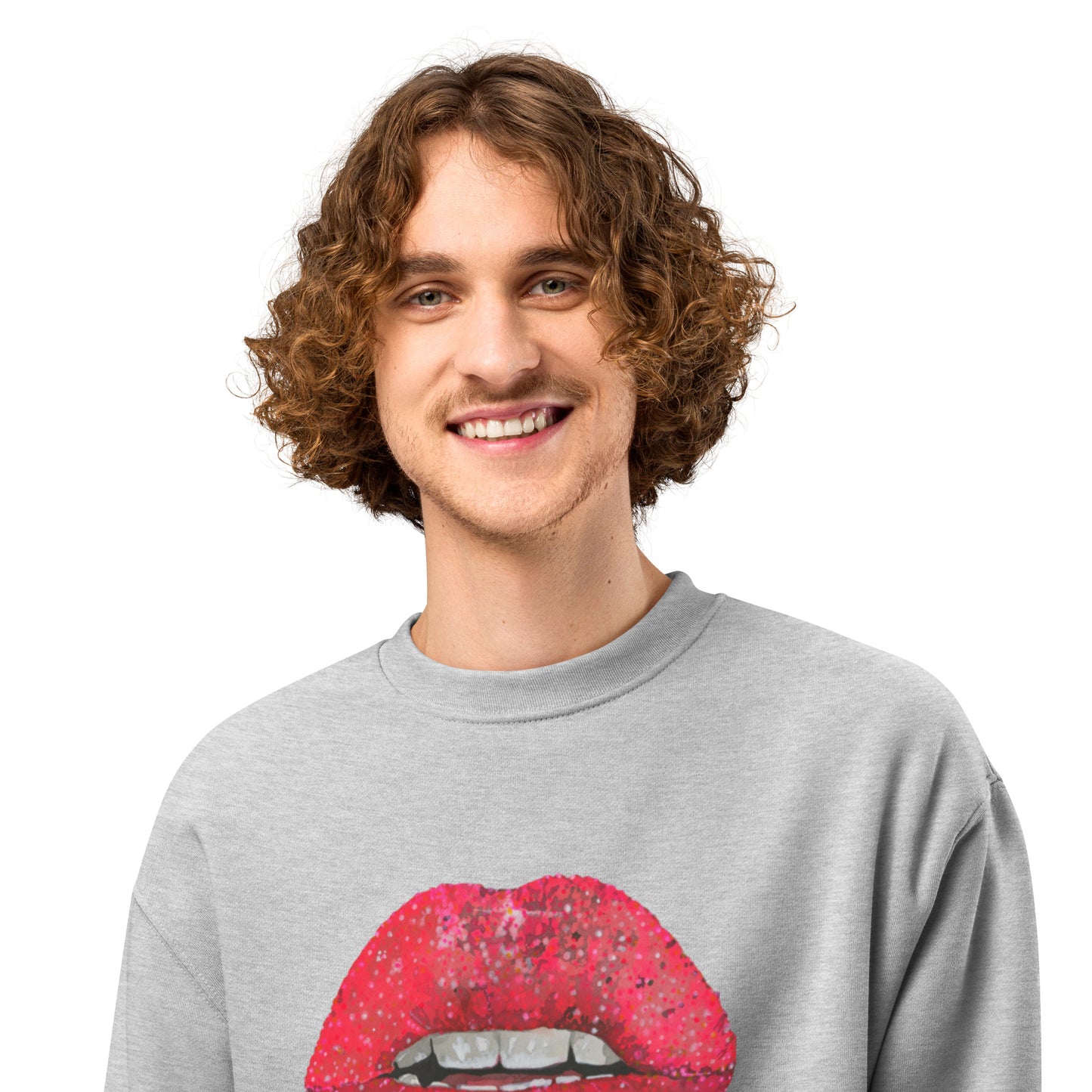 Product mockupRed Glitter Lips design by Kirsten Blackburn on oversized heavyweight sweatshirt