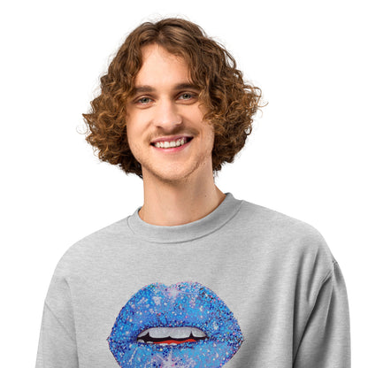 Blue Glitter Lips design by Kirsten Blackburn on oversized heavyweight sweatshirt