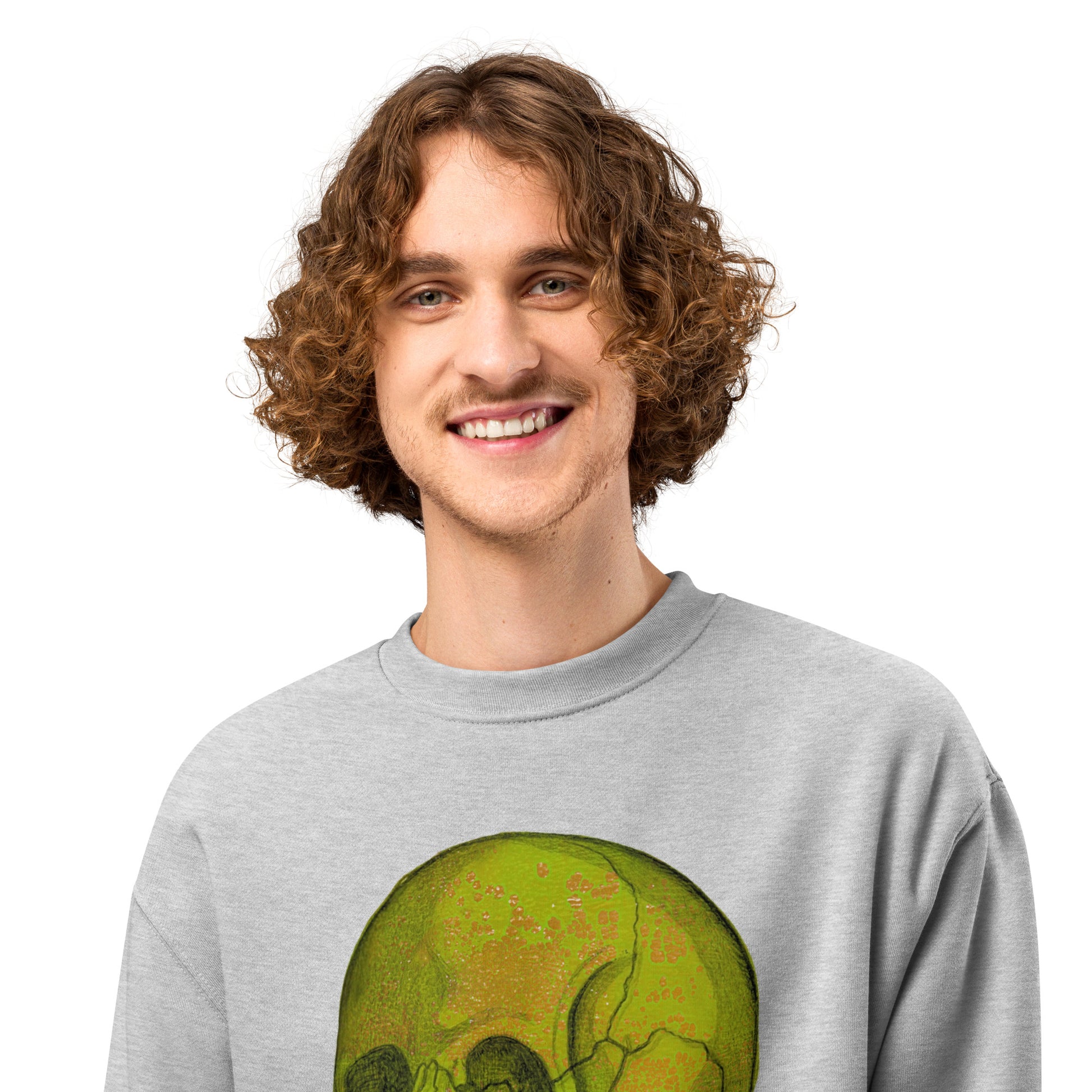 Green Skull design by Kirsten Blackburn on oversized heavyweight sweatshirt
