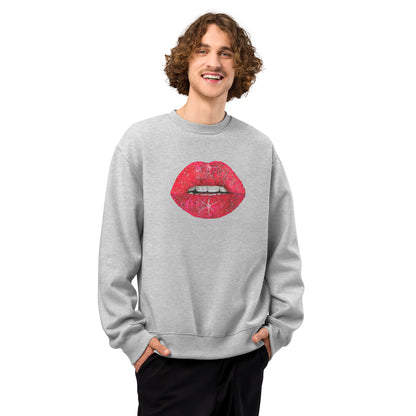 Red Glitter Lips design by Kirsten Blackburn on oversized heavyweight sweatshirt
