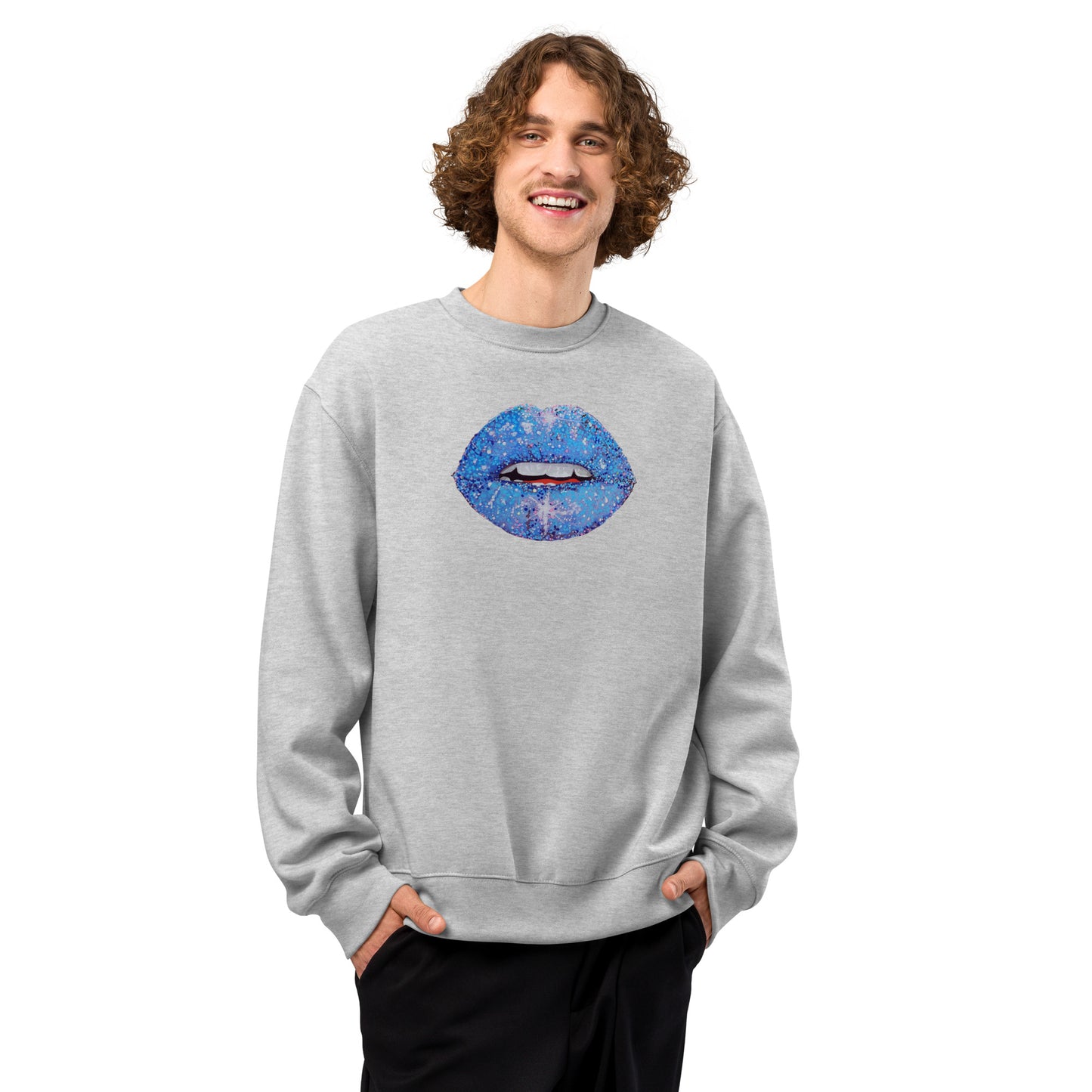 Blue Glitter Lips design by Kirsten Blackburn on oversized heavyweight sweatshirt