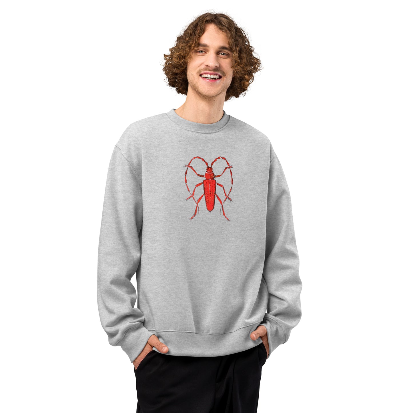 Red Beetle design by Kirsten Blackburn on oversized heavyweight sweatshirt